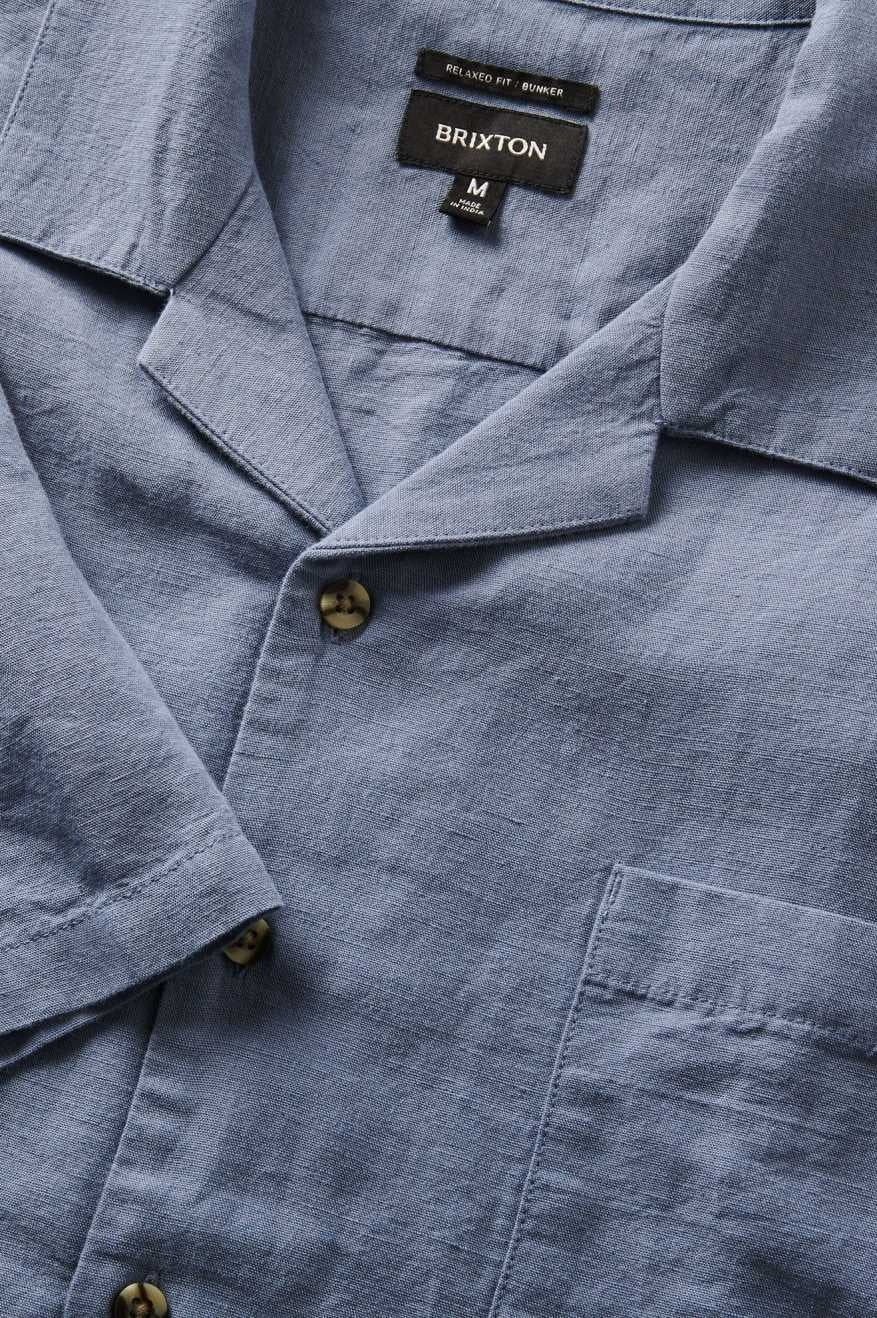 Chemise tissée à col montant Bunker Linen à manches courtes - Bleu Flinstone