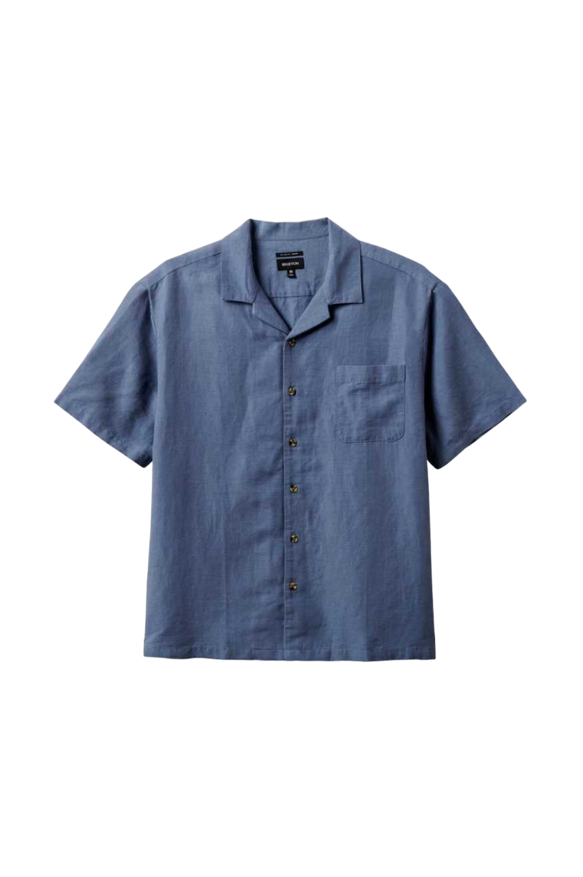 Chemise tissée à col montant Bunker Linen à manches courtes - Bleu Flinstone