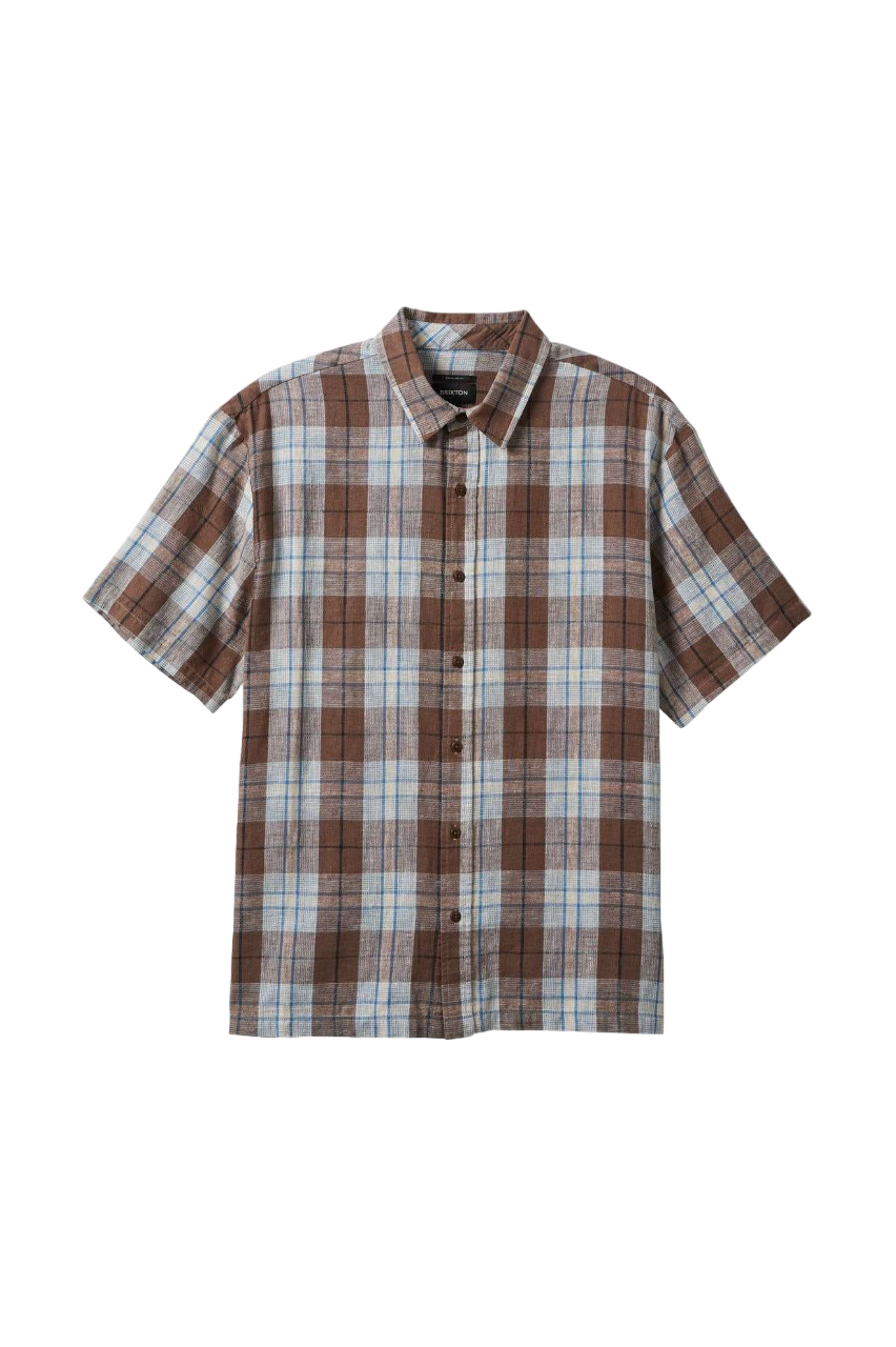 Chemise tissée décontractée à manches courtes en mélange de lin Cru - Marron pomme de pin/Bleu couronne