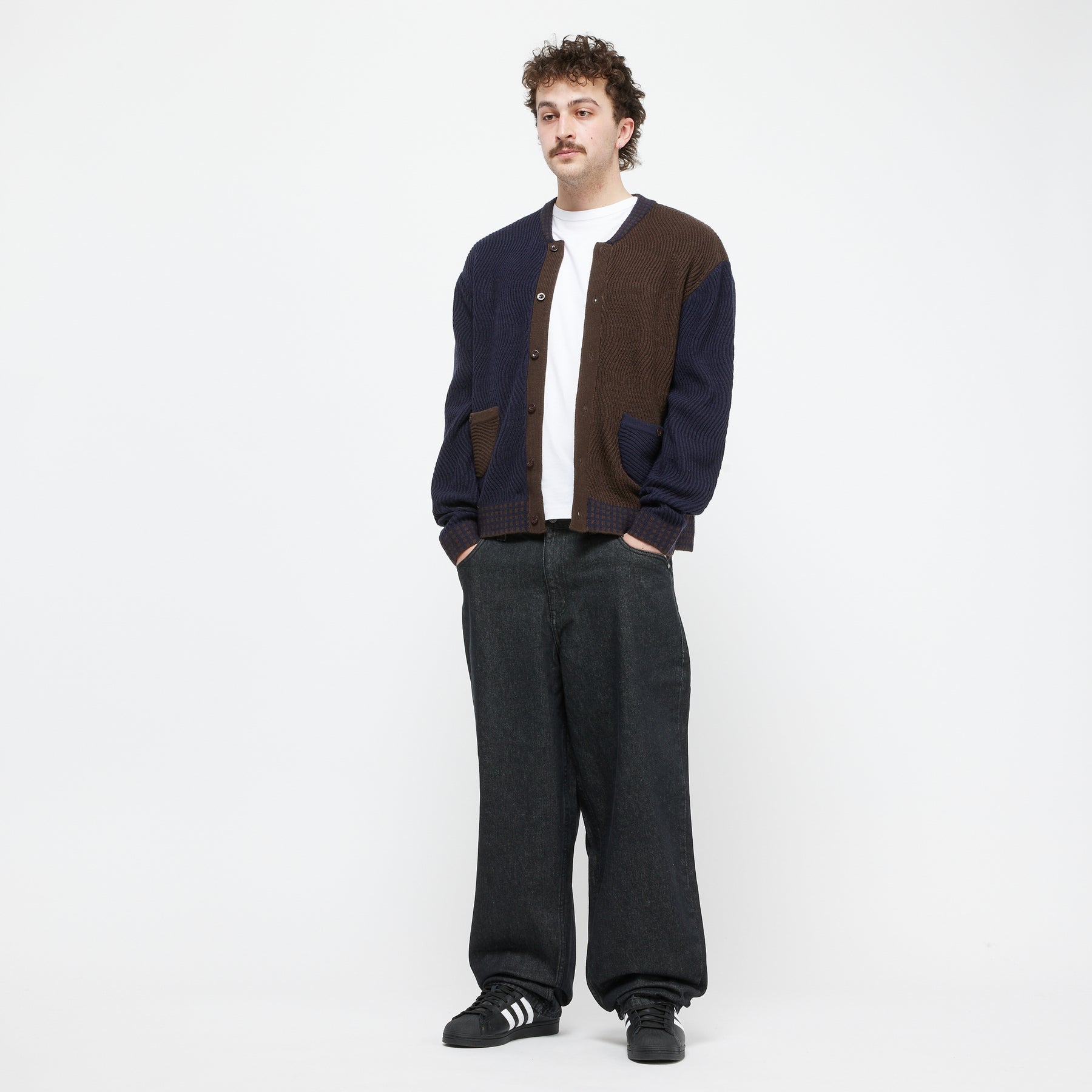 Wave Knit Cardigan - Navy/Brown