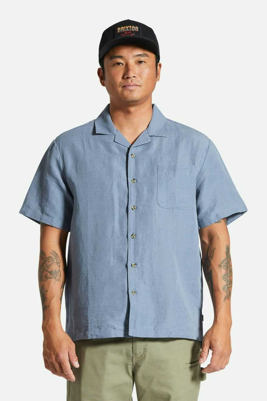 Chemise tissée à col montant Bunker Linen à manches courtes - Bleu Flinstone