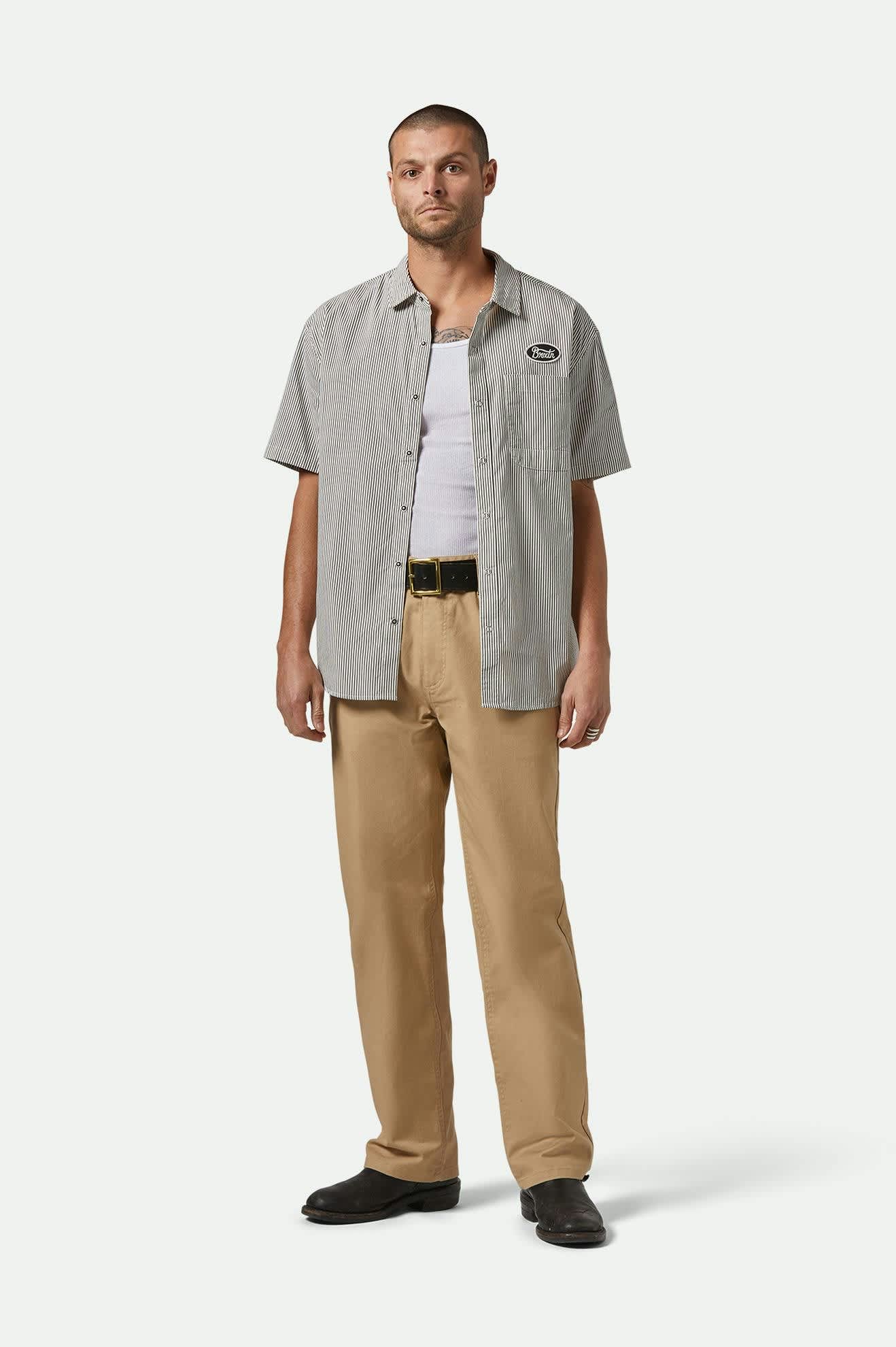 Builders Auto Chemise M/C - Rayures Noir/Blanc Cassé