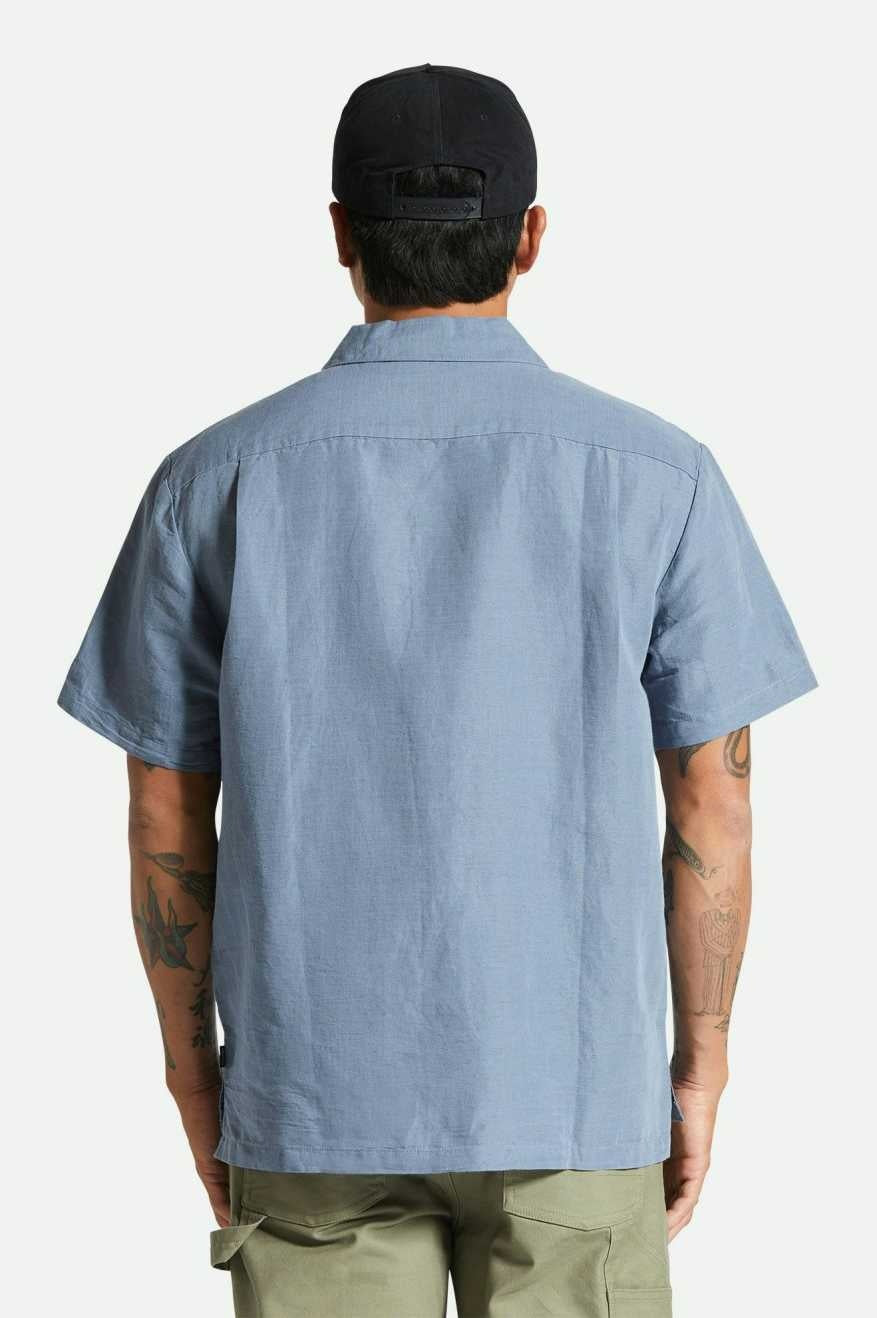 Chemise tissée à col montant Bunker Linen à manches courtes - Bleu Flinstone