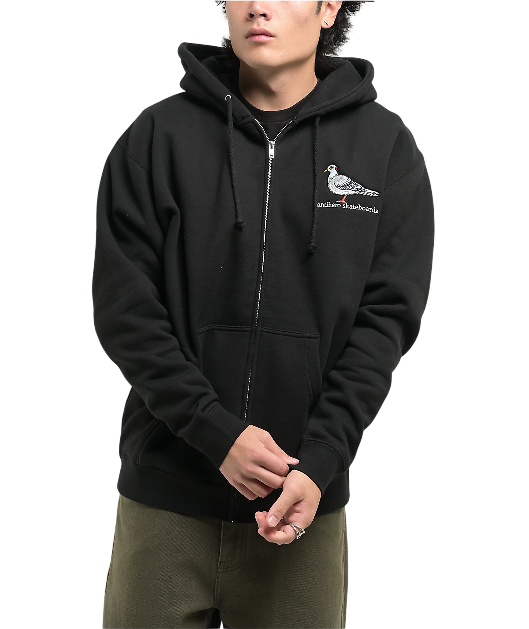 Lil Pigeon Embroidered Zip Up Hoodie - Black