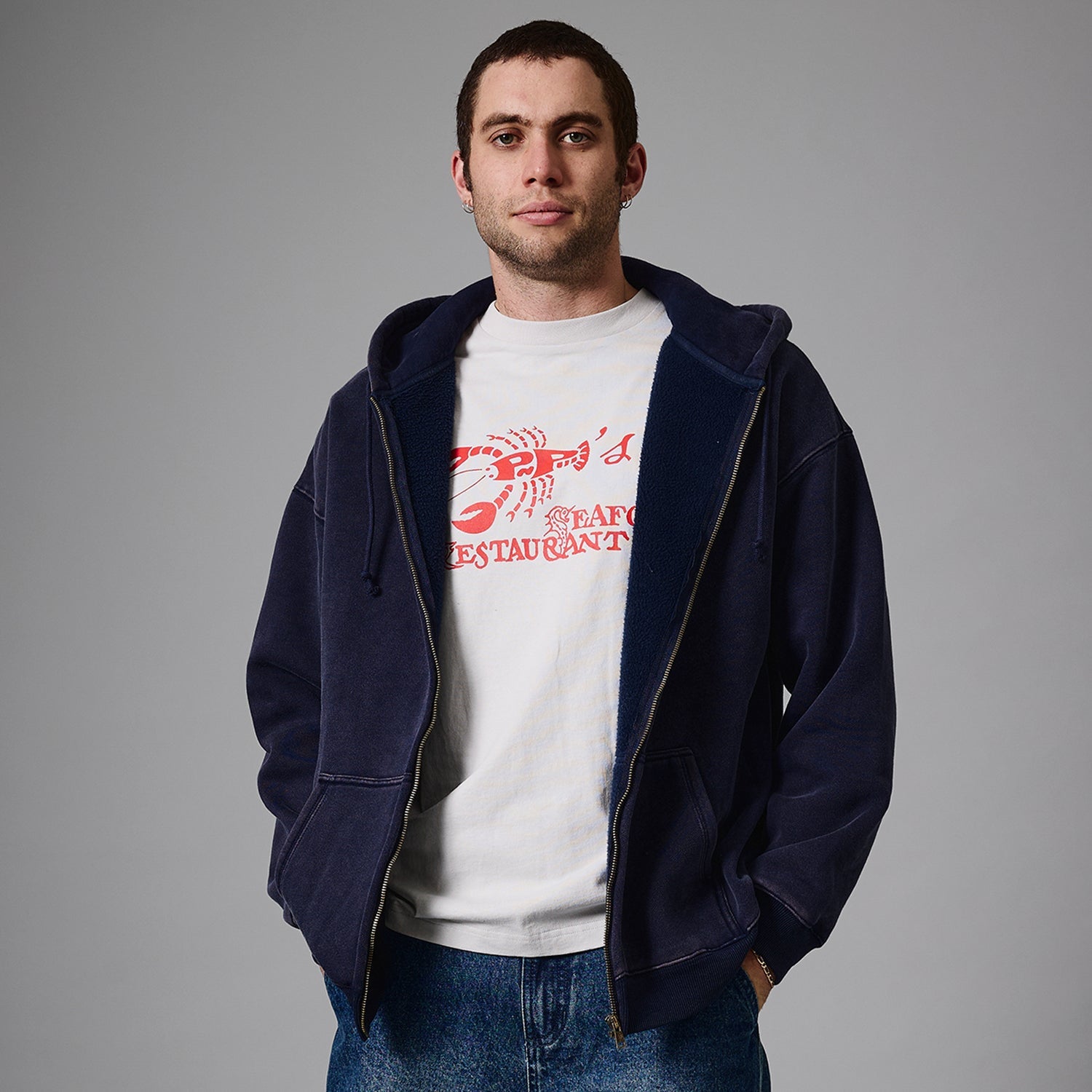 Solid Workers Sweat à Capuche Zippé - Bleu Marine Délavé