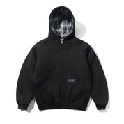 Plaid Lined Zip-Thru Hood - Black