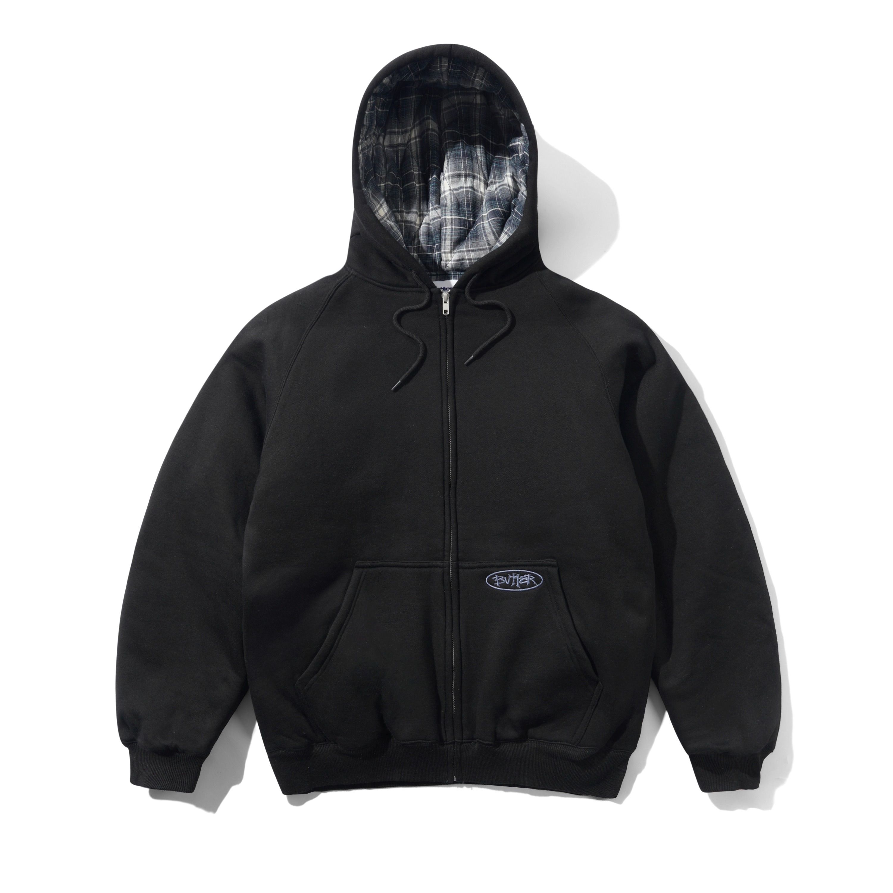 Plaid Lined Zip-Thru Hood - Black
