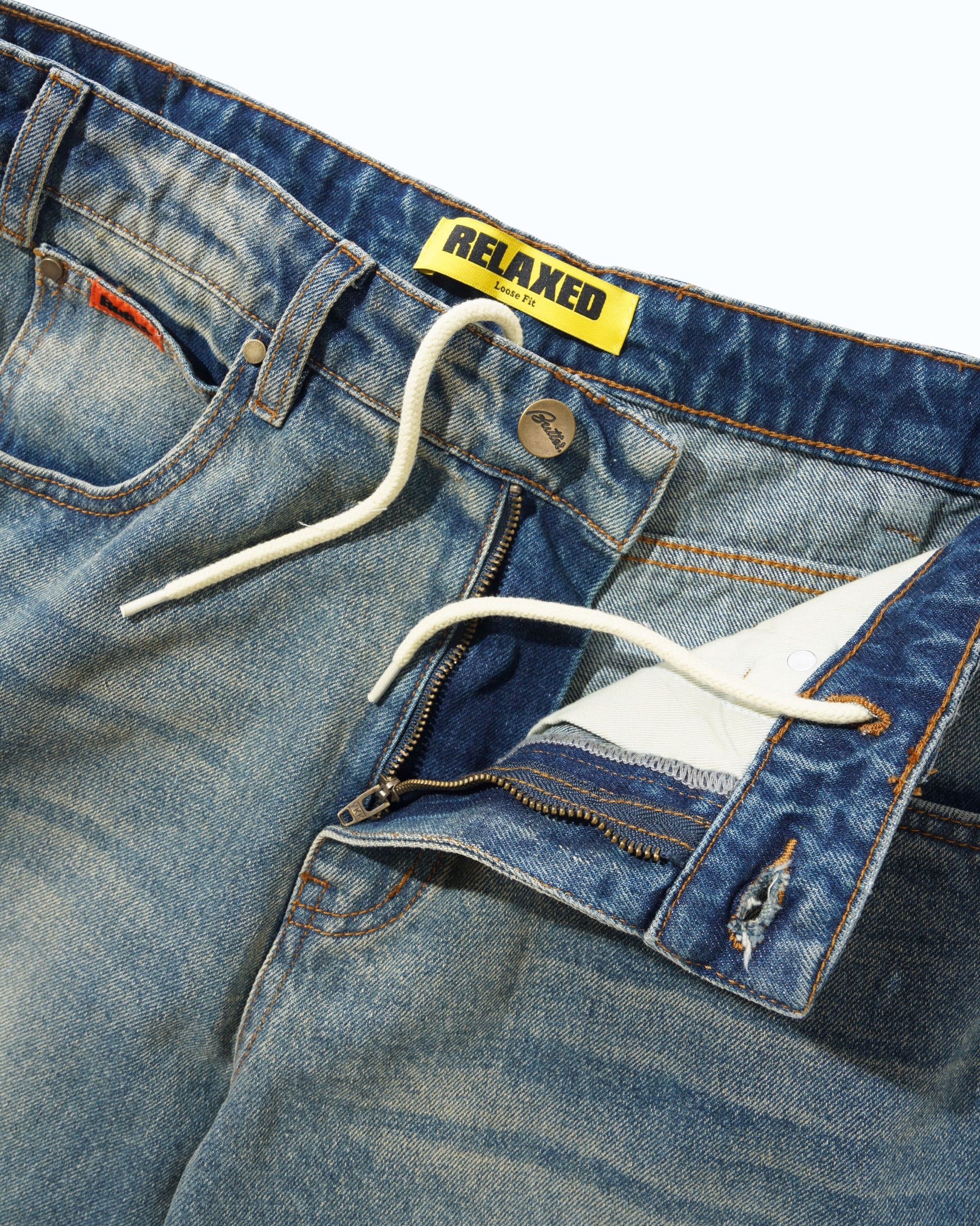 Relaxed Denim Jeans - Distressed Mid Blue