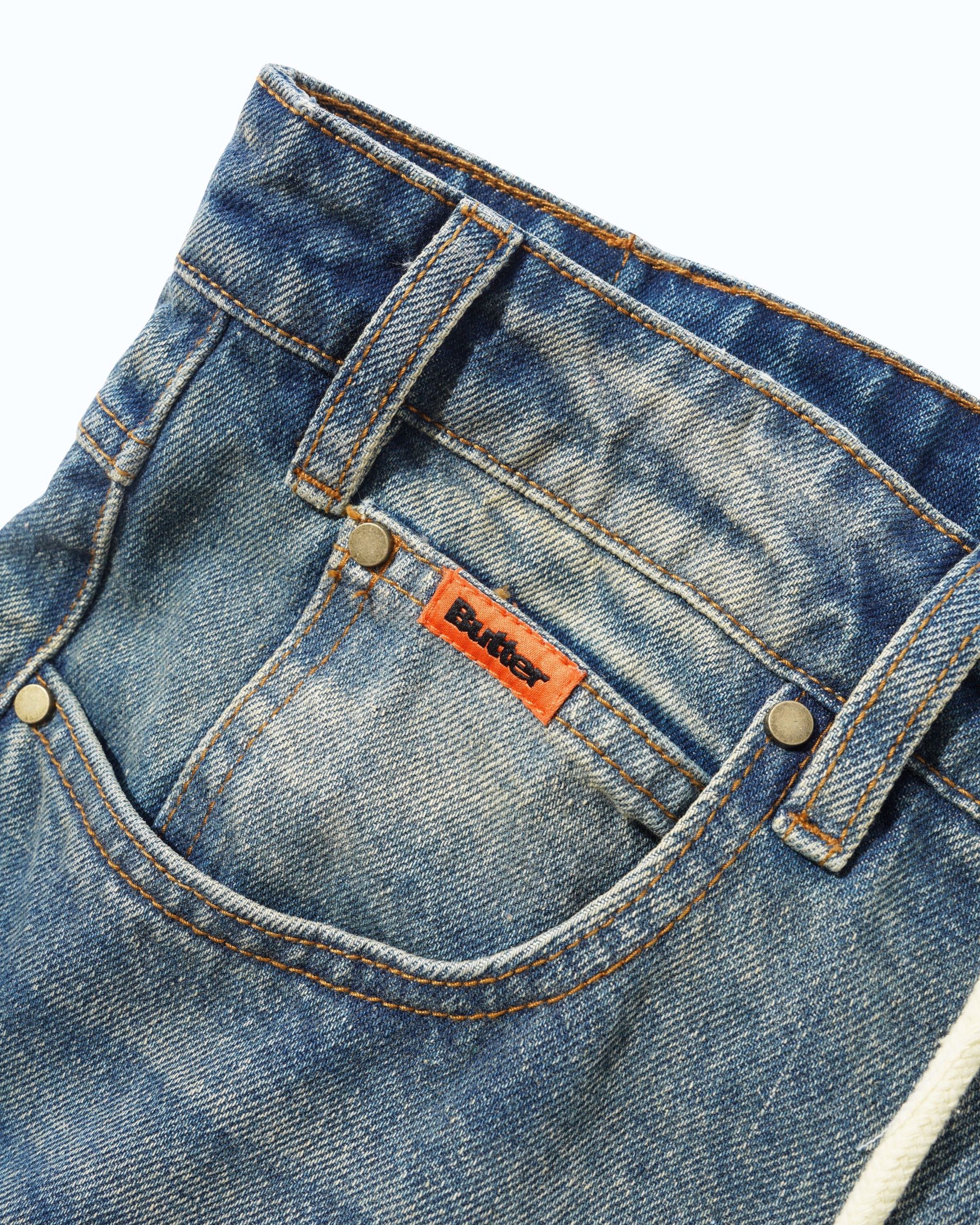 Relaxed Denim Jeans - Distressed Mid Blue
