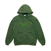 Studded Intarsia Script Sweat à Capuche Zippé - Vert Délavé
