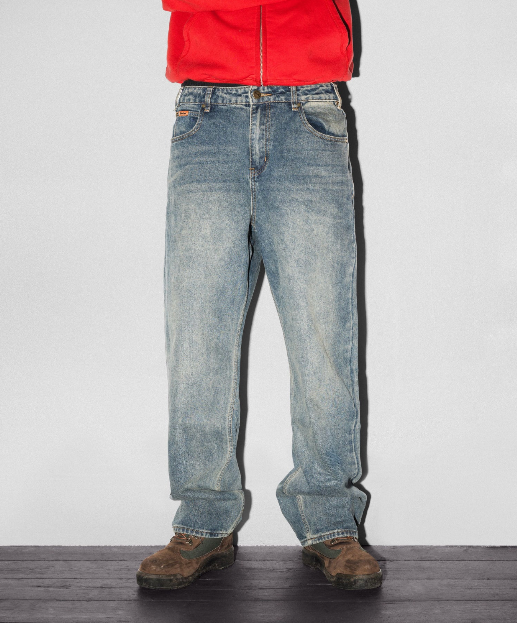 Relaxed Denim Jeans - Distressed Mid Blue