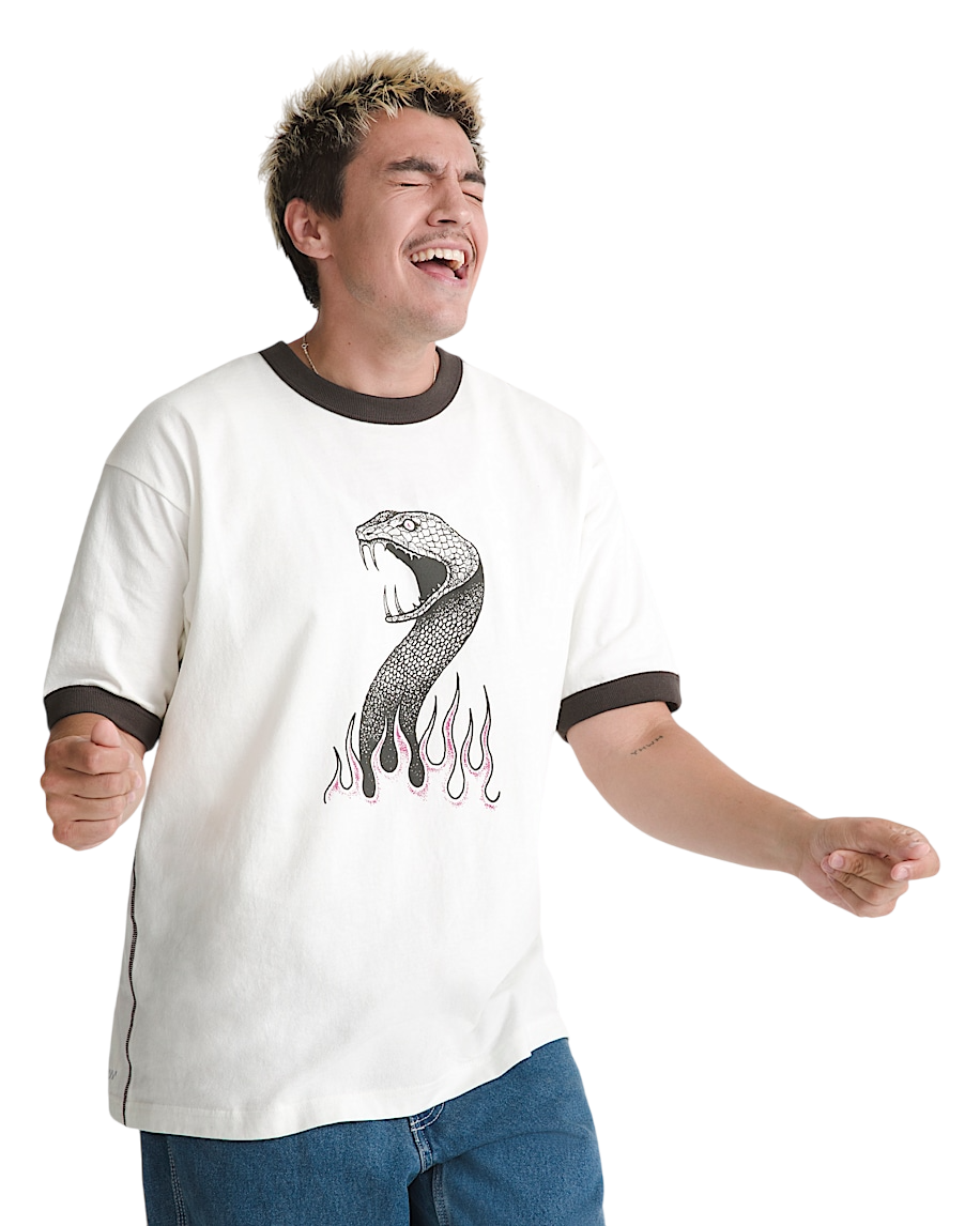 Skate Mike G Snake Flame Ringer T-Shirt - Marshmallow White