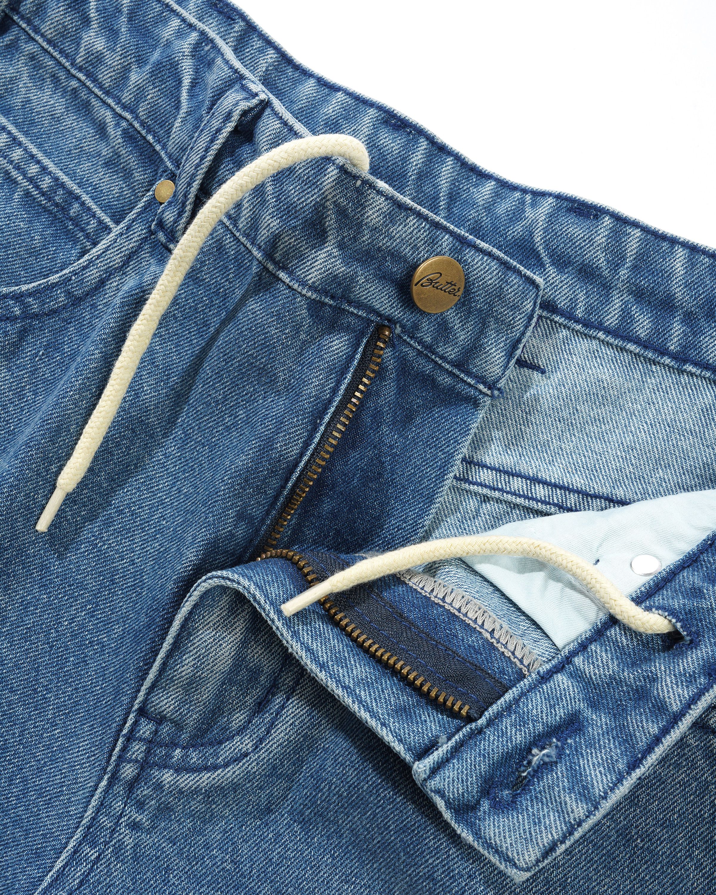 Straight Leg Denim Jeans - Distressed Indigo