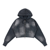 Sweat à capuche court zippé - Noir délavé