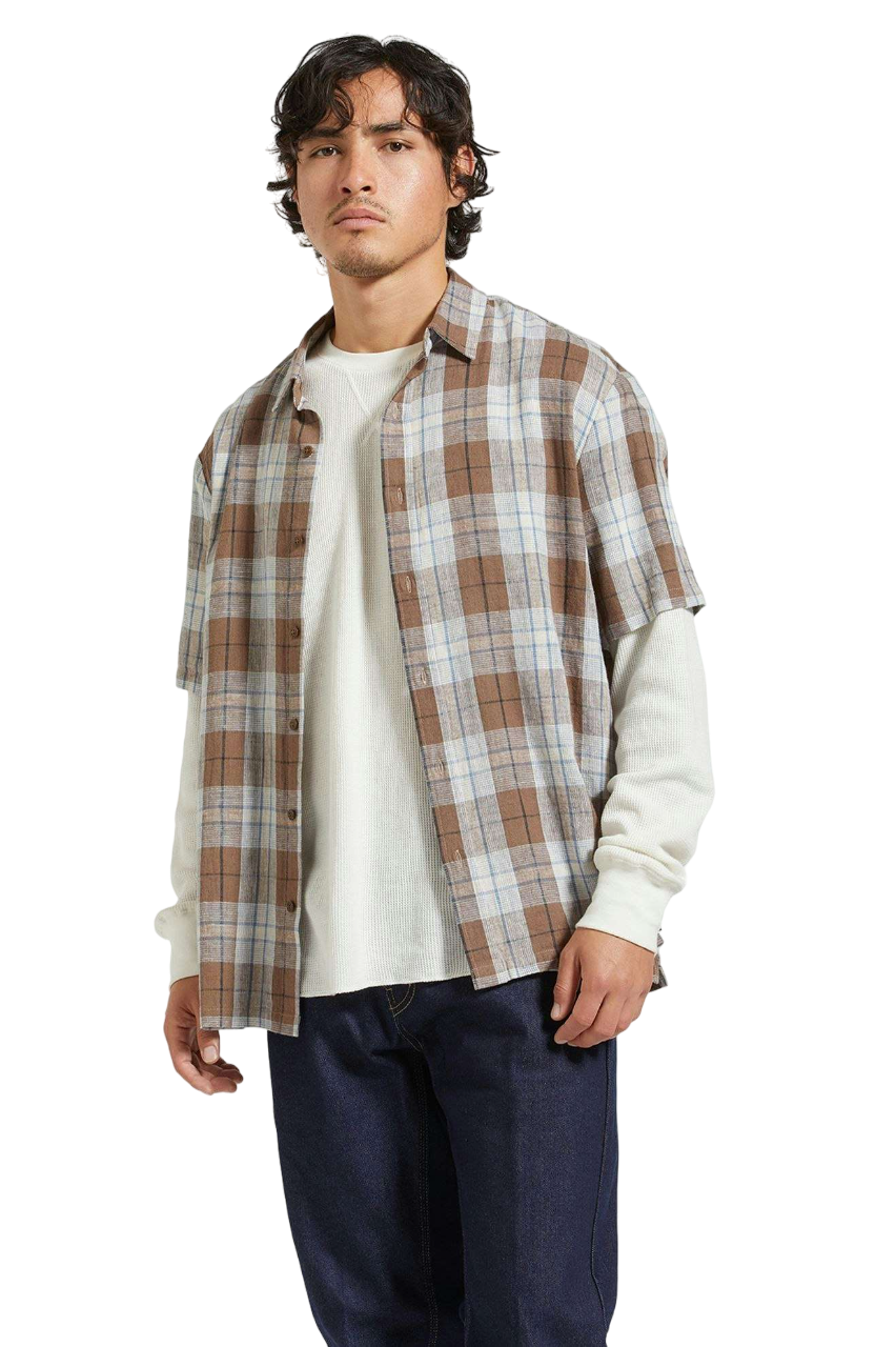 Cru Linen Blend Relaxed S/S Woven Shirt - Pinecone Brown/Coronet Blue