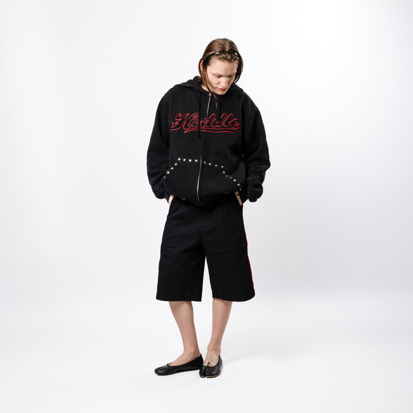 Studded Intarsia Script Zip Up Hoodie - Black