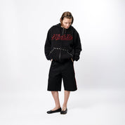 Studded Intarsia Script Zip Up Hoodie - Black