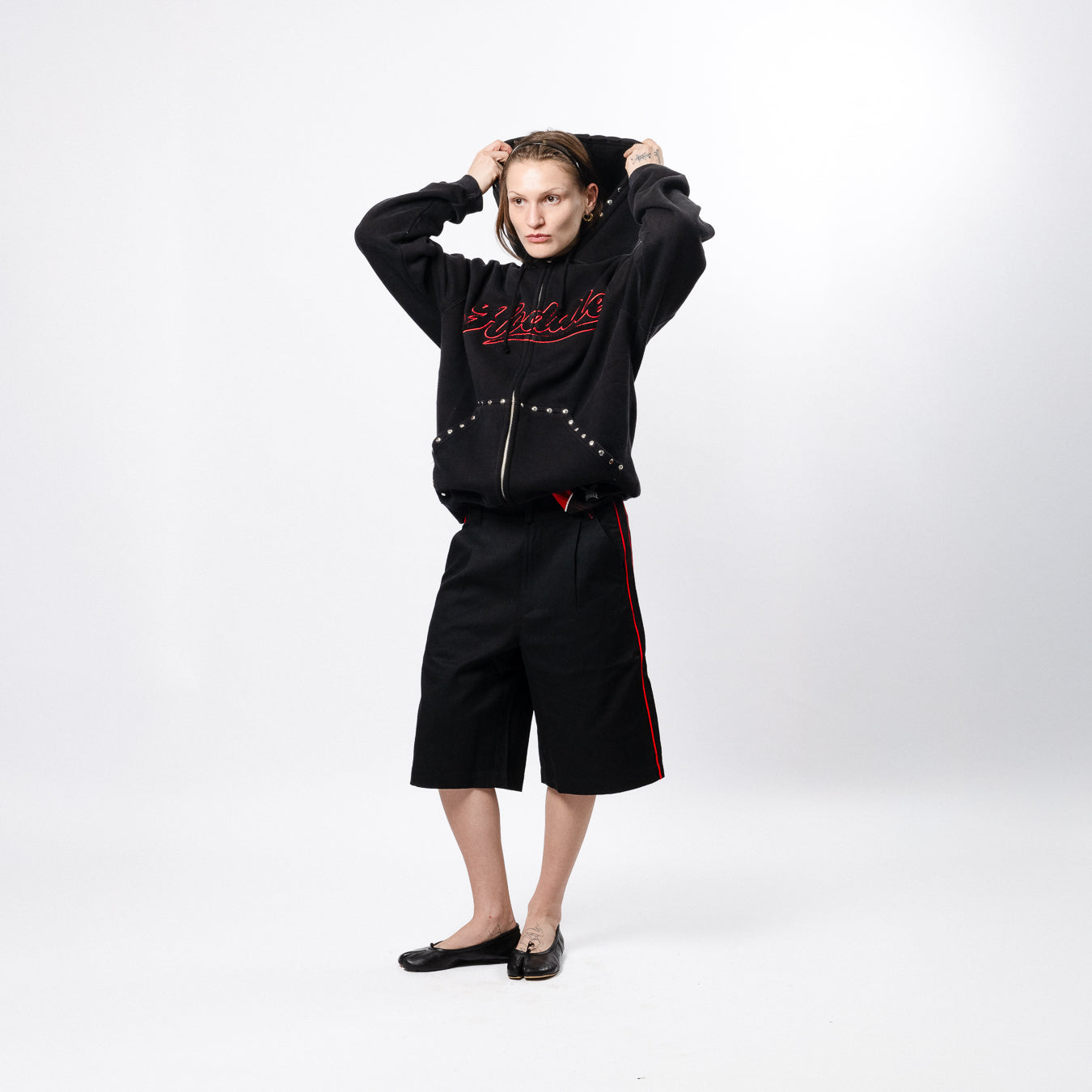 Studded Intarsia Script Zip Up Hoodie - Black