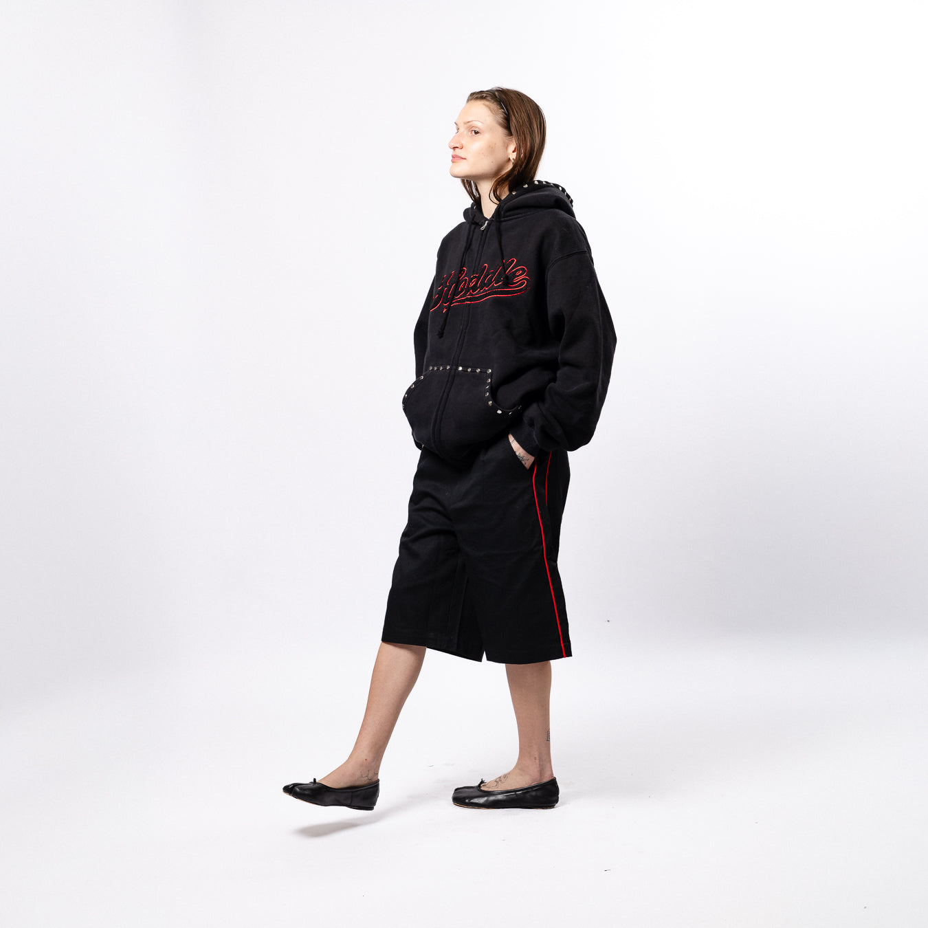 Studded Intarsia Script Zip Up Hoodie - Black