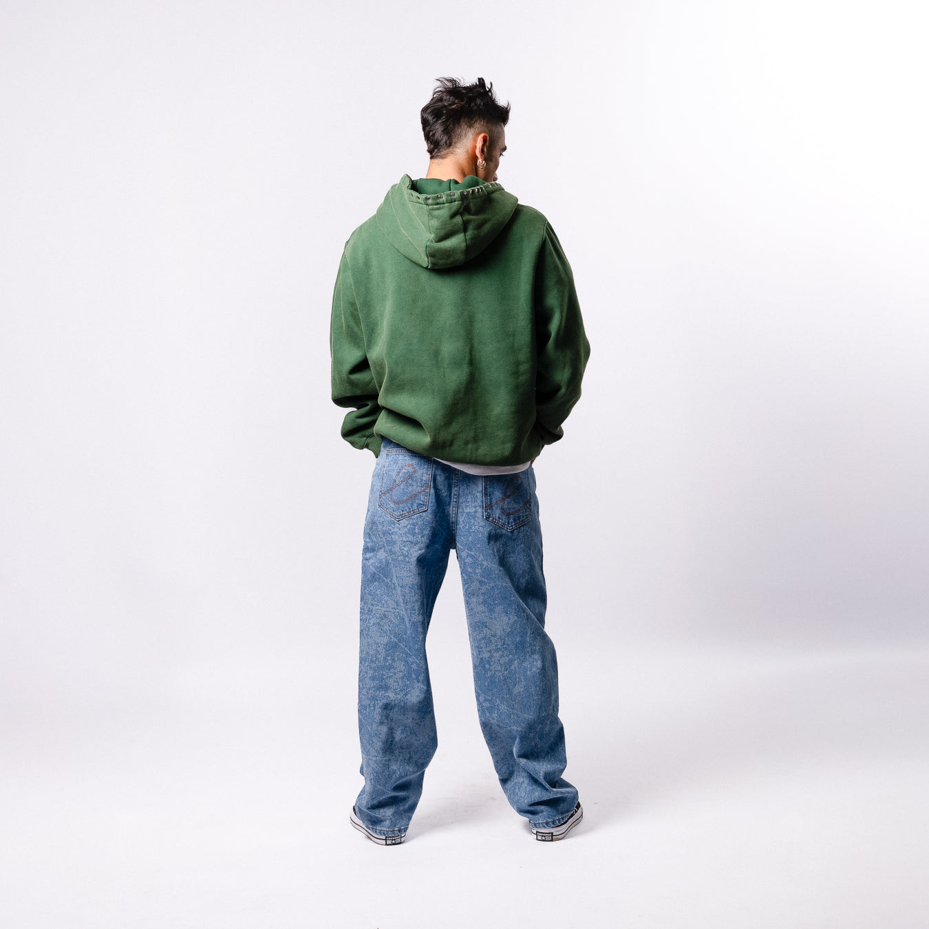 Studded Intarsia Script Sweat à Capuche Zippé - Vert Délavé