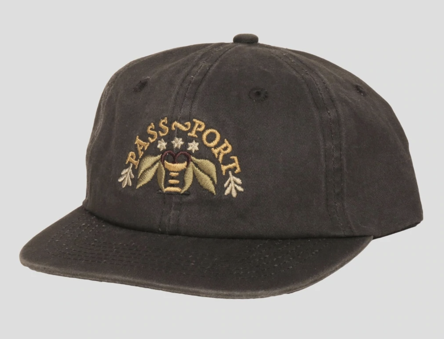 Arched Embroidery 6 Panel Strap Back - Black