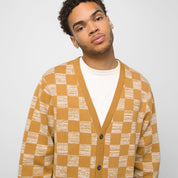 Checkerboard Jacquard Cardigan Sweater - Bone Brown