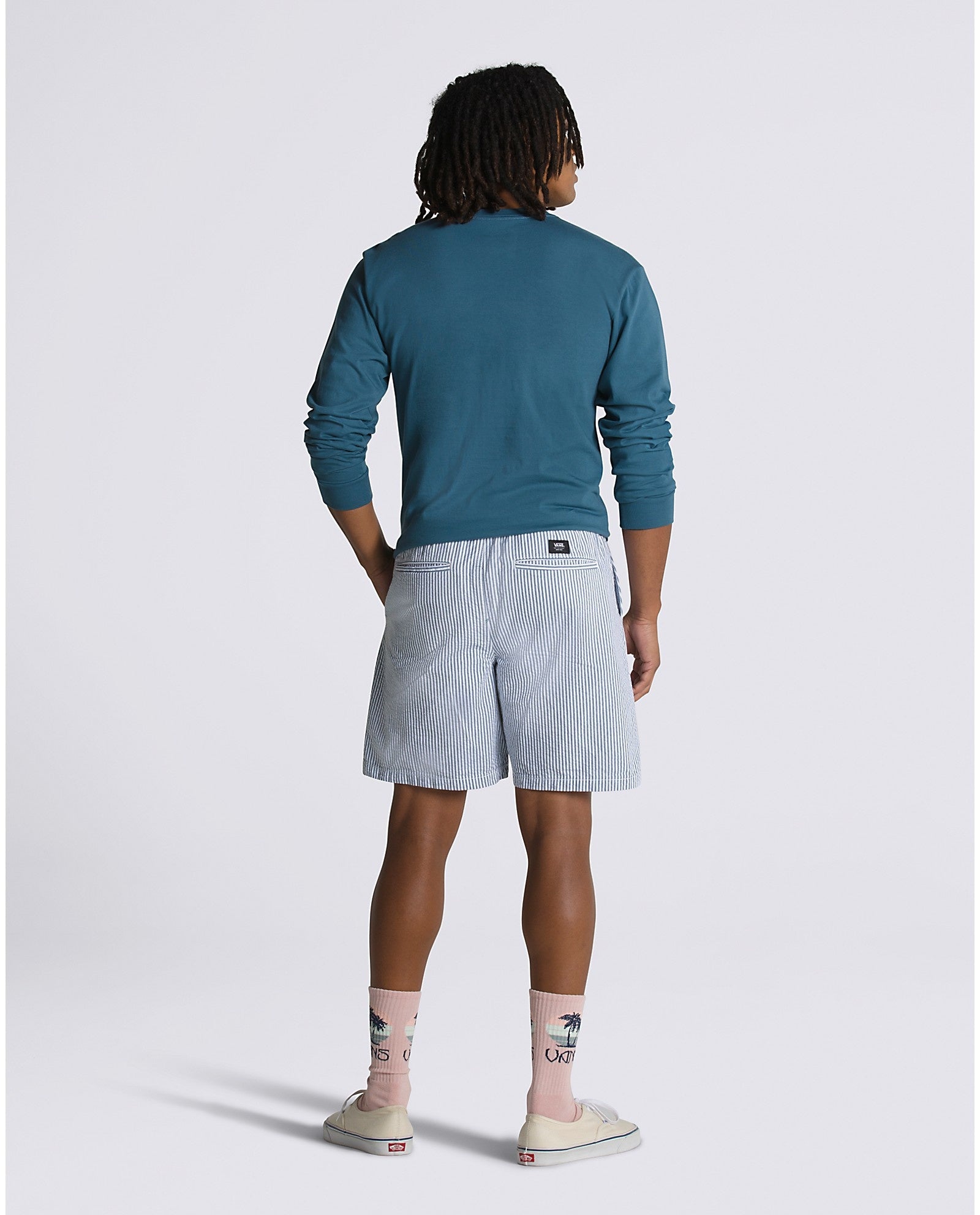 Range Seersucker Loose Elastic Waist Shorts - White/Vans Teal