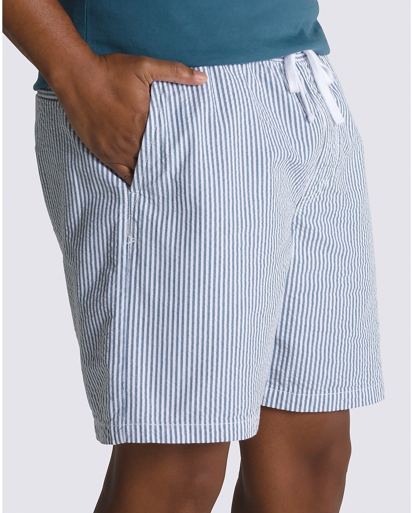 Range Seersucker Loose Elastic Waist Shorts - White/Vans Teal