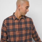 Straight Hem Melange Flannel Buttondown Shirt - Charcoal Heather/Molten Lava